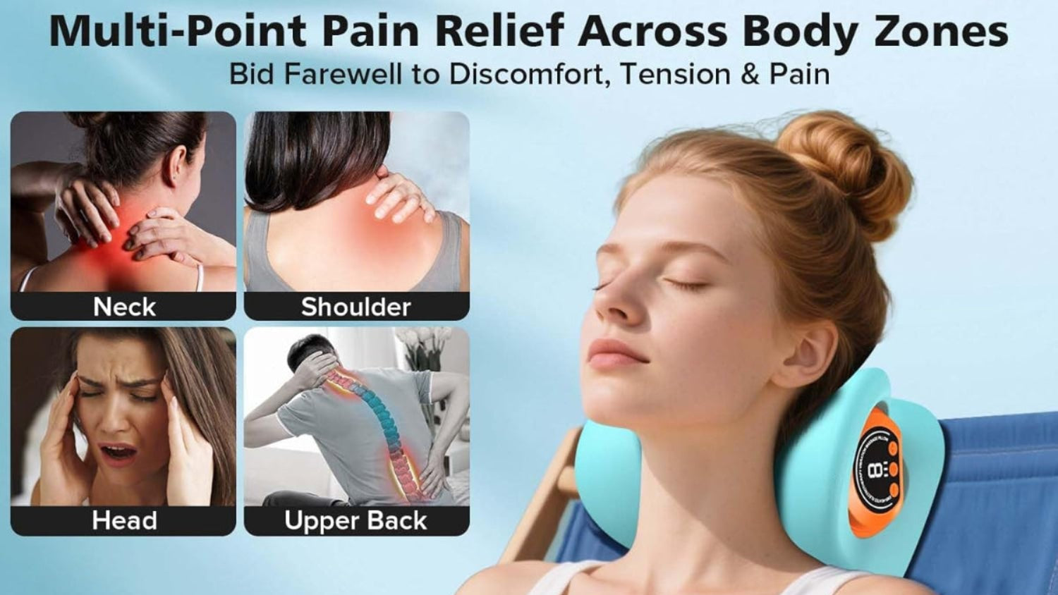 Woman using a neck and shoulder massager with text highlighting pain relief across body zones.